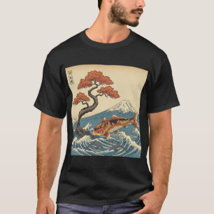 Koi Fisch Ozean mit Delphinen und Berg Japanisch T-Shirt