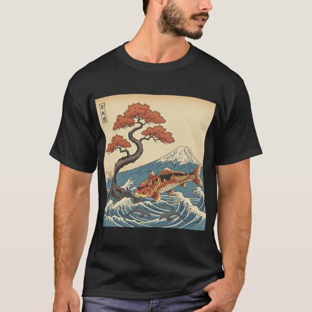 Koi Fisch Ozean mit Delphinen und Berg Japanisch T-Shirt (Vorderseite)