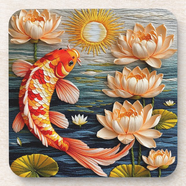 Koi Fisch umgeben von Lotus-Blume Getränkeuntersetzer (Vorderseite)