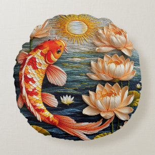 Koi-Fisch umgeben von Lotusblumen Rundes Kissen