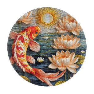 Koi-Fisch umgeben von Lotusblumen Schneidebrett