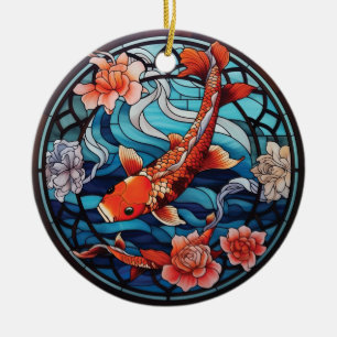 Koi Fisch und Kamelien im asiatischen Stil aus gef Keramik Ornament