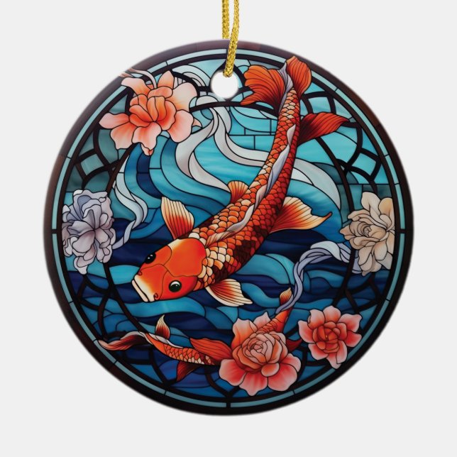 Koi Fisch und Kamelien im asiatischen Stil aus gef Keramik Ornament (Vorne)