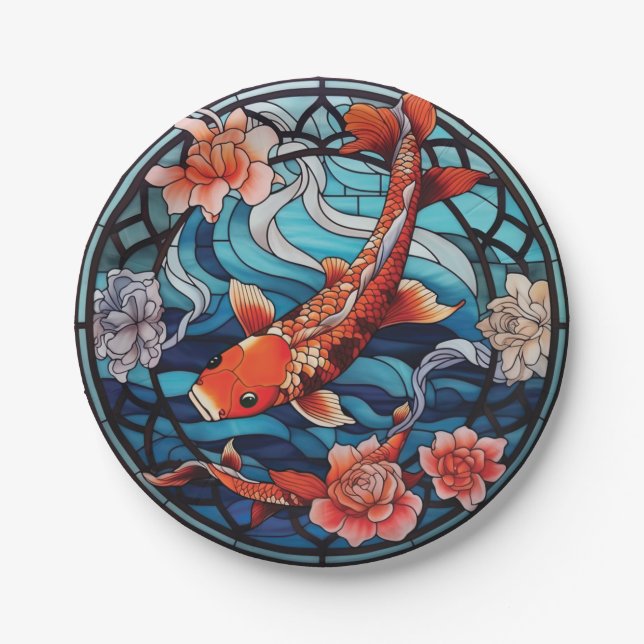 Koi Fisch und Kamelien im asiatischen Stil aus gef Pappteller (Vorderseite)