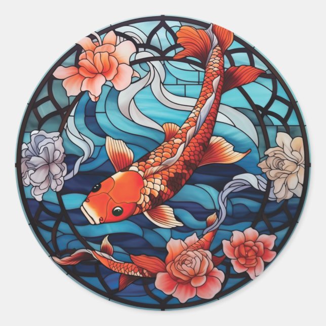 Koi Fisch und Kamelien im asiatischen Stil aus gef Runder Aufkleber (Vorderseite)