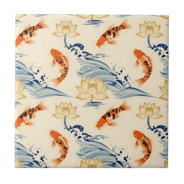 Koi-Fisch und Lotus Nahtloses Muster Fliese (Vorderseite)