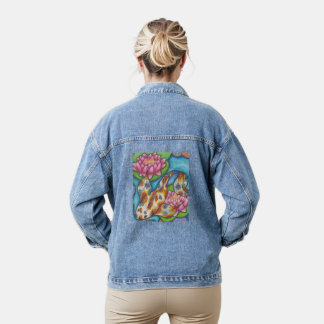 Koi-Fisch- und Lotusdruck Blaue Denim-Jacke Jeansjacke