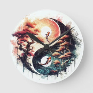 Koi-Fisch und Tempel Yin Yang Runde Wanduhr