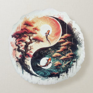 Koi-Fisch und Tempel Yin Yang Rundes Kissen