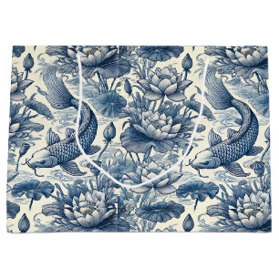 Koi-Fisch und Wasserlilie Blau Chinoiserie Toile Große Geschenktüte
