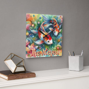 Koi Fisch Whimsisches Wasser Orange Personalisiert Quadratische Wanduhr