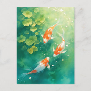 Koi-Fische schwimmen im smaragdgrünen Seerosenteic Postkarte