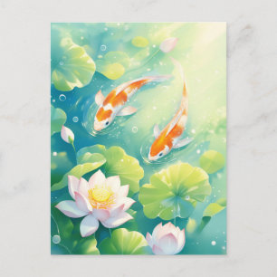 Koi-Fische schwimmen im Teich mit rosa Lotusblumen Postkarte
