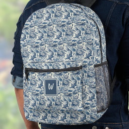 Koi-Fische und Wasserlilien Blau Chinoiserie Monog Bedruckter Rucksack