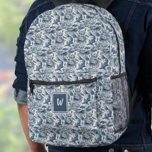 Koi-Fische und Wasserlilien Blau Chinoiserie Monog Bedruckter Rucksack