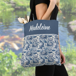 Koi-Fische und Wasserlilien Blau Chinoiserie Monog Tasche