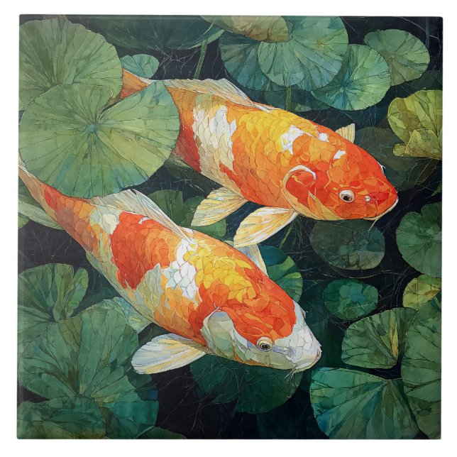 Koi-Fischteich Seerosenblätter Fliese (Vorderseite)