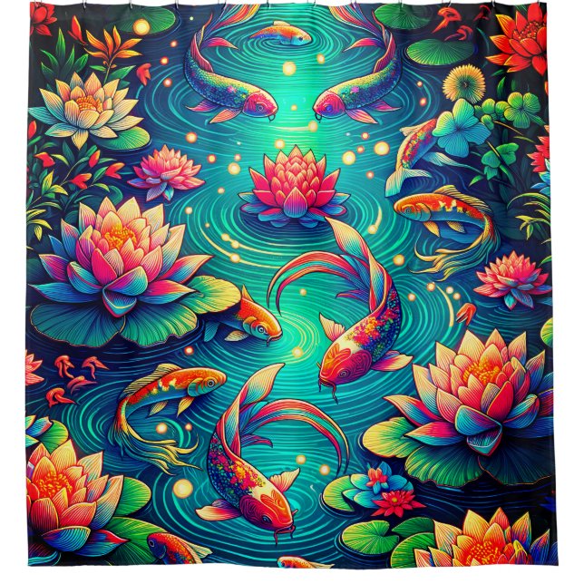 "Koi Fish and Lotus Blume - Lebhafte Wasserkunst" Duschvorhang (Vorderseite)