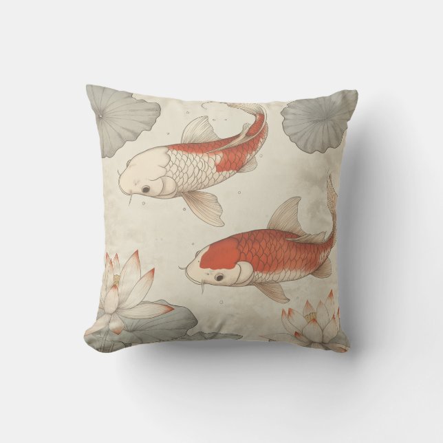 Koi Fish and Lotus Japanese Pillow Kissen (Vorderseite)