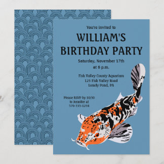 Koi Fish Illustration Orange, Blue Birthday Party Einladung
