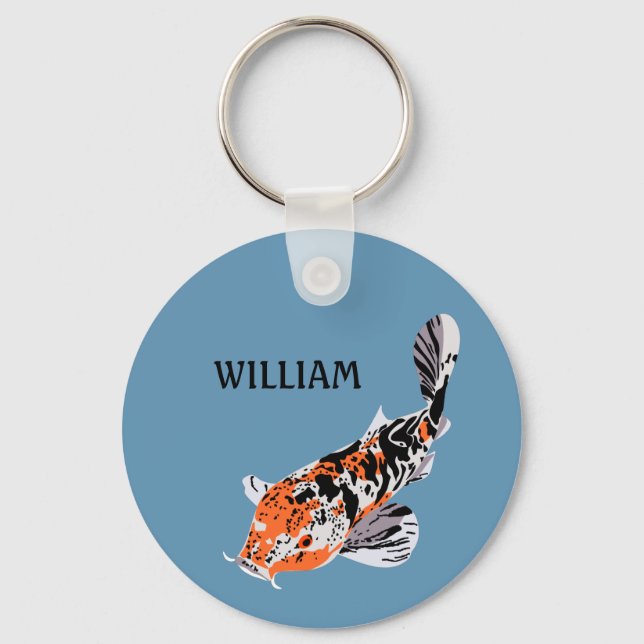Koi Fish Illustration Orange und Blau Personalisie Schlüsselanhänger (Vorderseite)