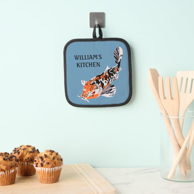 Koi Fish Illustration Orange und Blau Personalisie Topflappen (Insitu (Hängend))