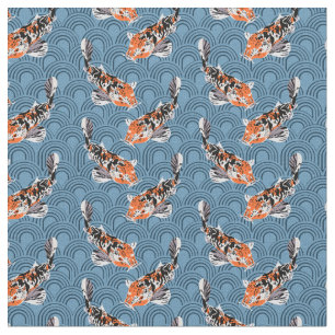 Koi Fish Illustrations on Blue Gemustert Stoff