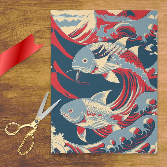 Koi Fish in Great Wave Style with Red Navy Blue Seidenpapier (Von Creator hochgeladen)