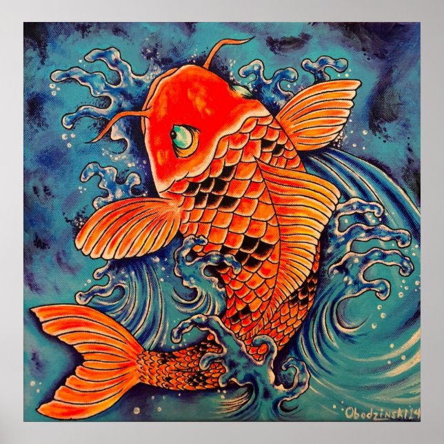 "Koi Fish" Kunstgewerbe im Tattoo Style Print Poster (Vorne)