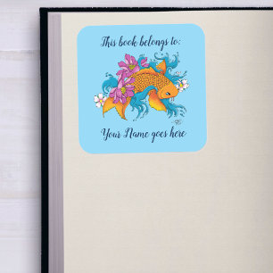 Koi Fish Lotus Cherry Blossoms Buchzeichen Quadratischer Aufkleber
