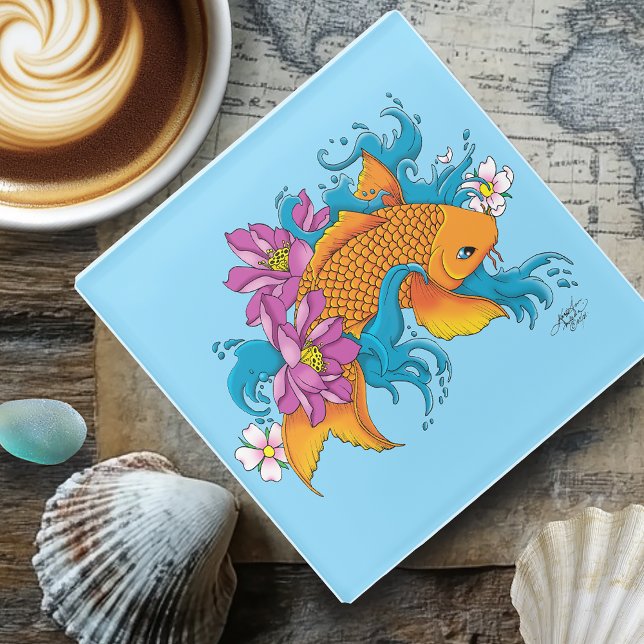 Koi Fish Lotus Cherry Blossoms Glasuntersetzer (Von Creator hochgeladen)