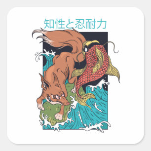 Koi Fish mit Fox japanischer Style Design Quadratischer Aufkleber
