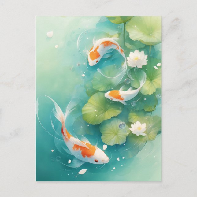 Koi Fish Swimming in Turquoise Lotus Pond Postkarte (Vorderseite)