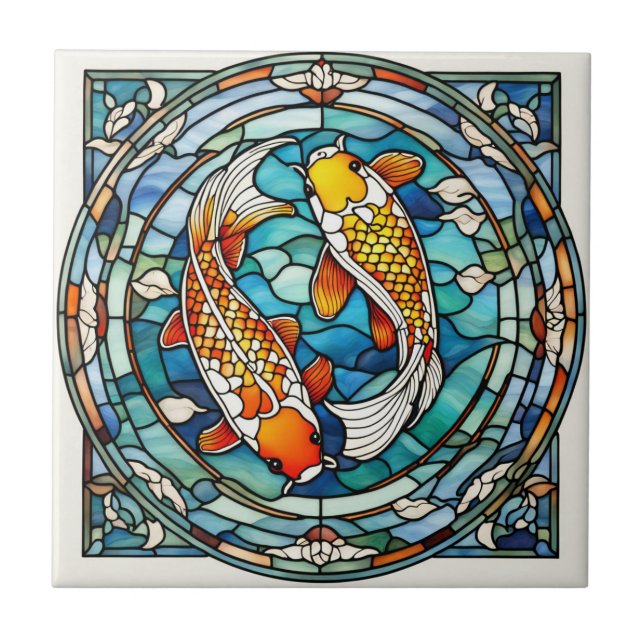 Koi Fish verkettetes Glas Japanischer Asain Fisch Fliese (Vorderseite)