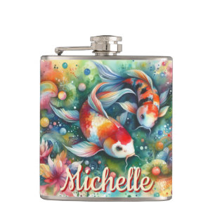 Koi Fish Whimsical Watercolor Personalisiert Flachmann