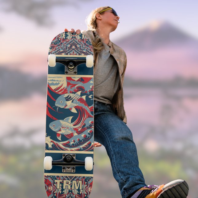 Koi Fish with Red Blue Crazy Pattern Monogram Skateboard (Von Creator hochgeladen)