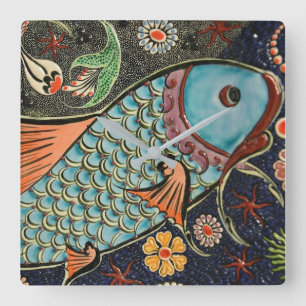 Koi Karpfen-Fisch-Skala-Keramik-Muster Quadratische Wanduhr