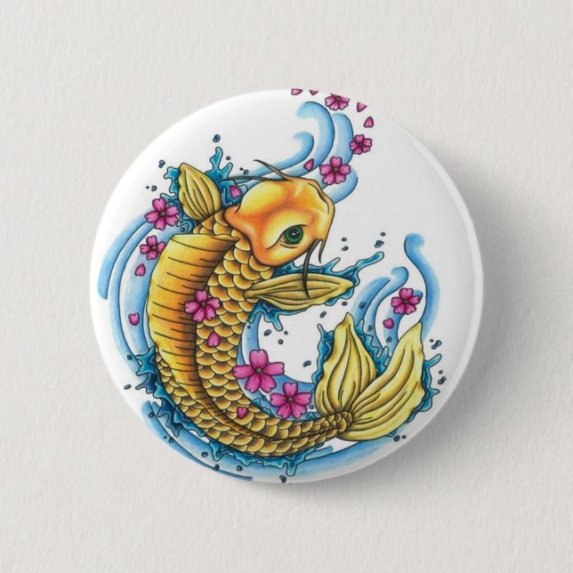 Koi mit Kirschblüten-Knopf Button (Vorderseite)