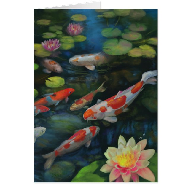 Koi Poisson Natation Lotus Fleur Étang Zen Peintur (Devant)