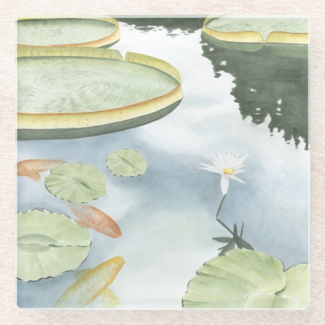 Koi-Teich-Reflektion mit Fisch und Lilien Glasuntersetzer (Vorderseite)