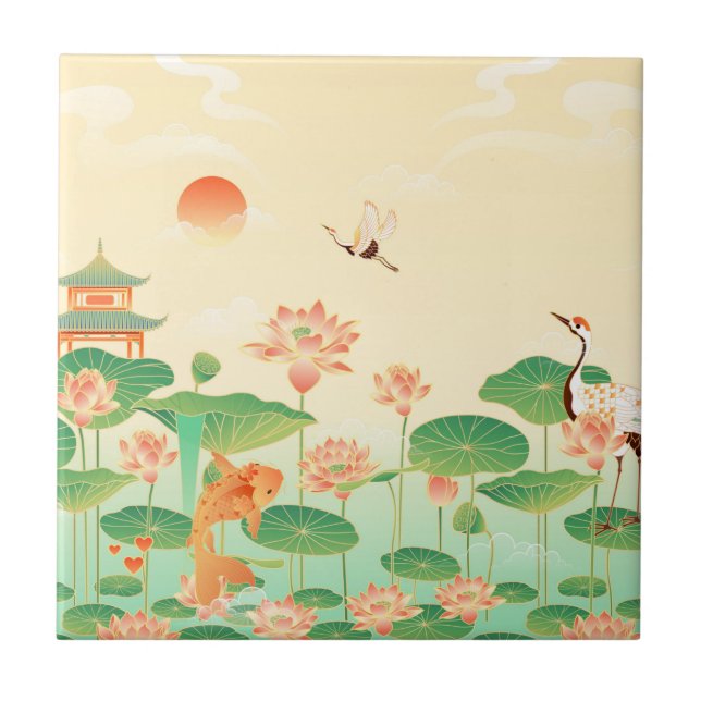 Koi Teich und Wasserlilien Kunst und Kultur Fliese (Vorderseite)