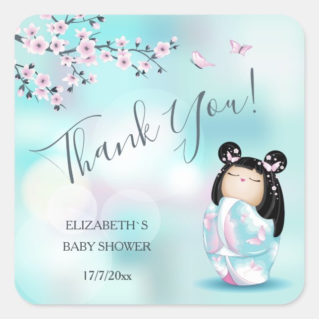 Kokeshi Doll Baby Dusche Danke Quadratischer Aufkleber (Vorderseite)