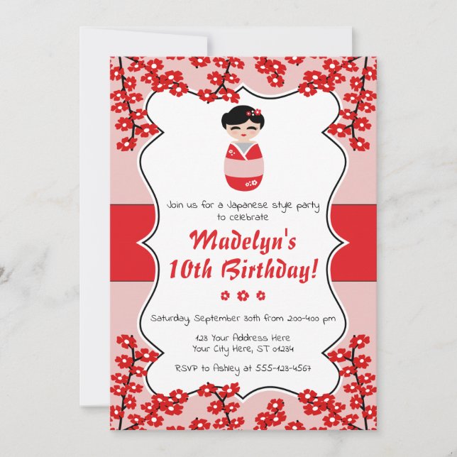 Kokeshi Doll Birthday Einladung | japanischer Stil (Vorderseite)
