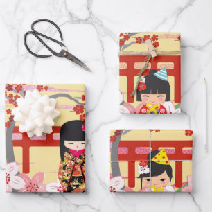 Kokeshi Doll Birthday Geschenkpapier Set