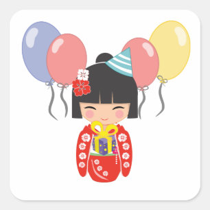 Kokeshi Doll Birthday Party Quadratischer Aufkleber