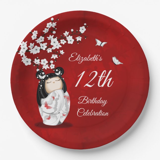 Kokeshi Doll Cherry Blossom | Girl´s Birthday Pappteller (Vorderseite)