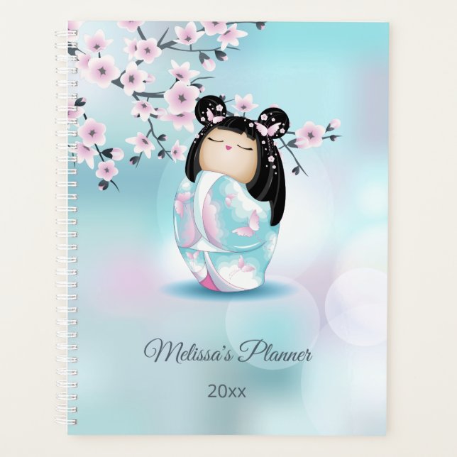 Kokeshi Doll Cherry Blossom Pink Türkis Name Planer (Vorderseite)