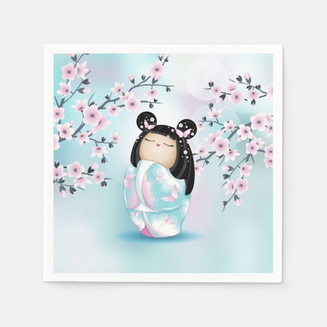 Kokeshi Doll Cherry Blossom Türkis Pink Serviette (Vorderseite)