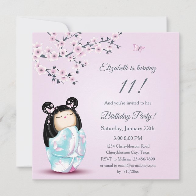 Kokeshi Doll Cherry Blossoms Mädchen zum Geburtsta Einladung (Vorderseite)