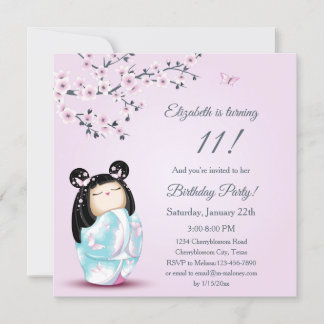 Kokeshi Doll Cherry Blossoms Mädchen zum Geburtsta Einladung